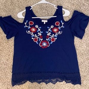 Red Camel Embroidered Cold Shoulder Top